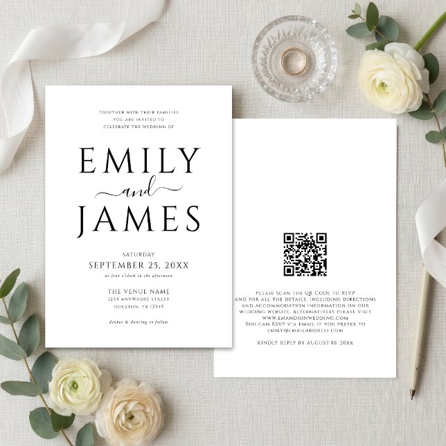 Minimalist Black and White QR Code Wedding Invitation (Front and back)