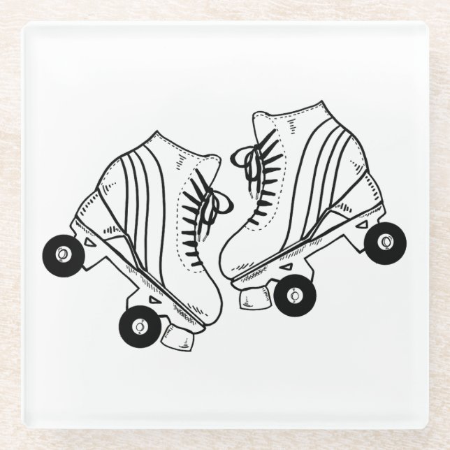 Minimalist Black And White Roller Skates Drawing  Glass Coaster (Front)