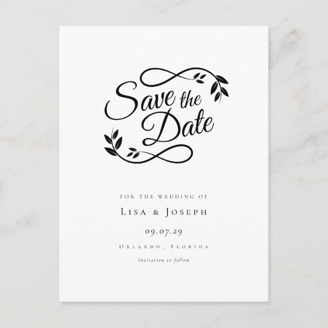 Minimalist Black and White Save the Date Announcement Postcard (Front)