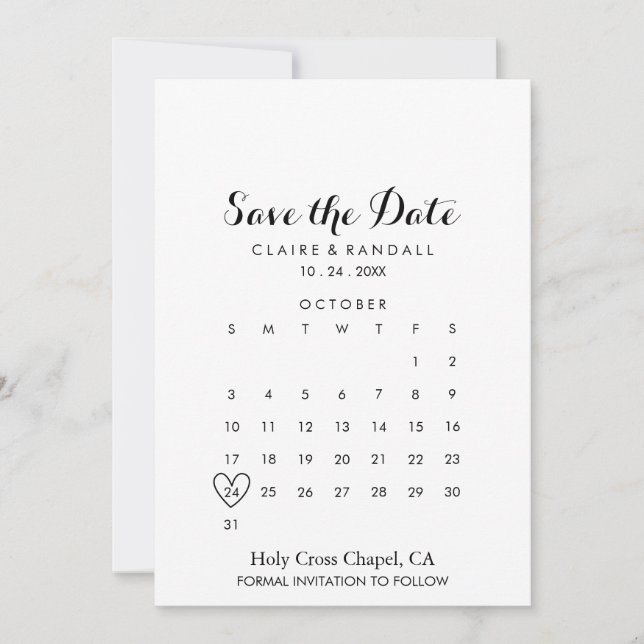 Minimalist Black and White Save the Date Calendar (Front)