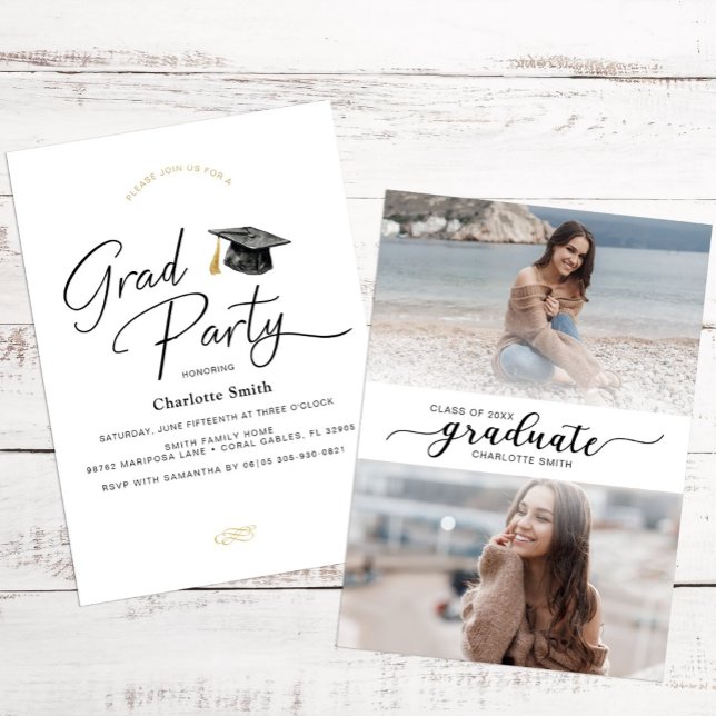 Minimalist Black and White Script Graduation Photo Invitation (Graduation Party Invite)