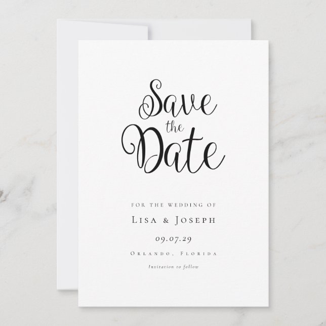 Minimalist Black and White Script Save The Date (Front)
