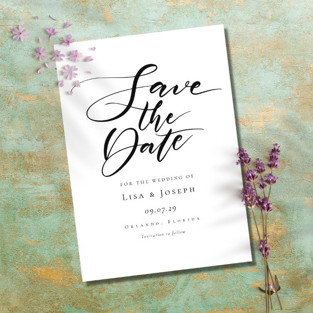 Minimalist Black and White Script Save the Date Postcard (Creator Uploaded)