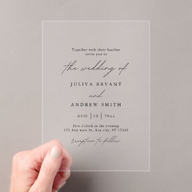 Minimalist Black and white script wedding Acrylic Invitations (Insitu (Handheld))