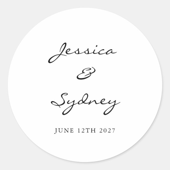 Minimalist Black and White Script Wedding Custom Classic Round Sticker (Front)