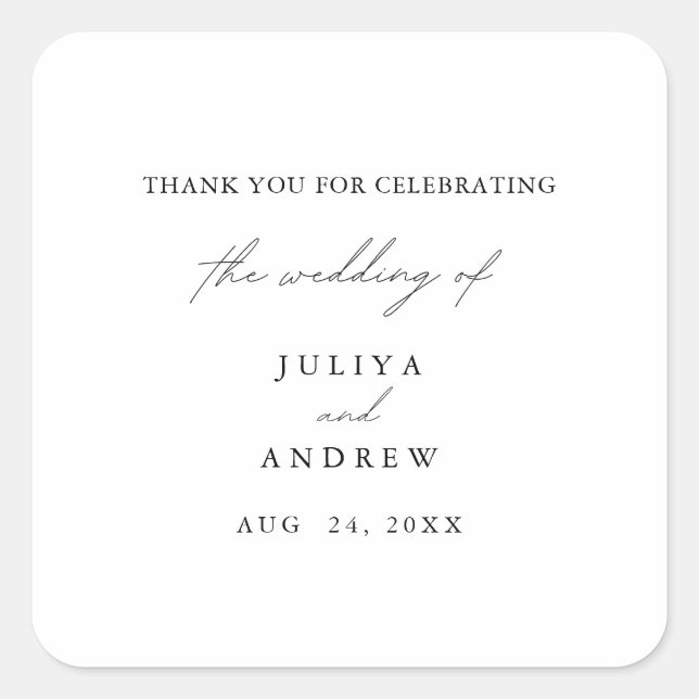 Minimalist black and white script wedding square sticker (Front)