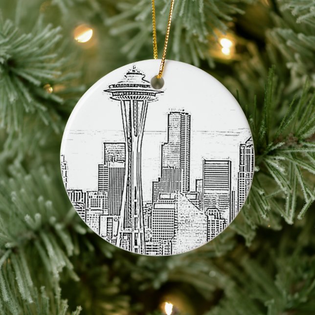 Minimalist Black and White Seattle Skyline Ceramic Ornament (Tree)