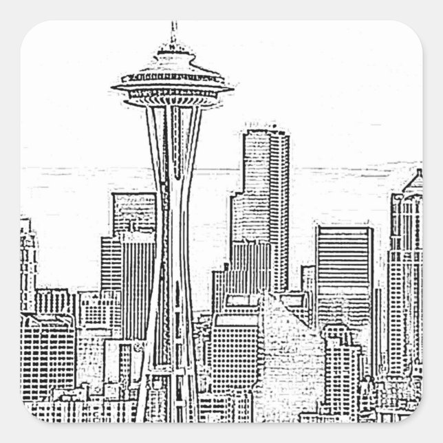 Minimalist Black and White Seattle Skyline Square Sticker (Front)
