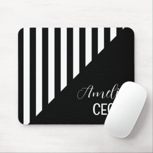 Minimalist Black and White Split Geometric Stripe Mouse Pad