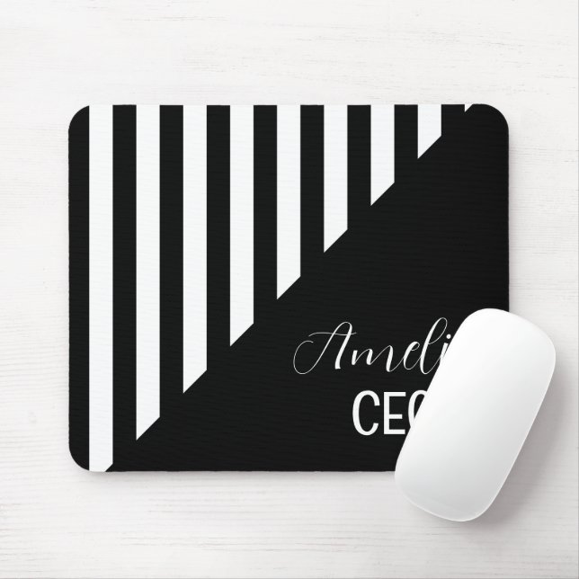 Minimalist Black and White Split Geometric Stripe Mouse Pad (With Mouse)