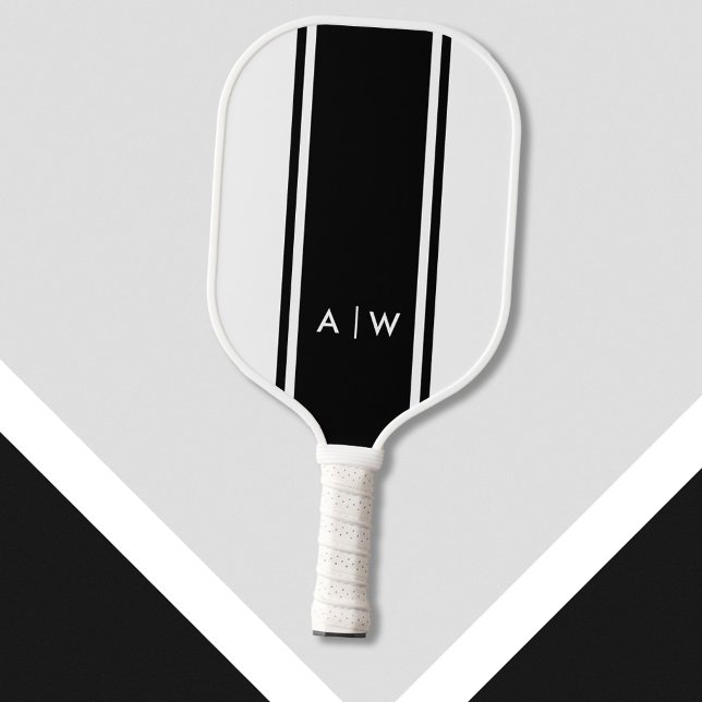 Minimalist Black and White Stripe Modern Monogram Pickleball Paddle (Creator Uploaded)