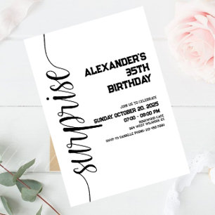 Minimalist black and white surprise birthday invitation