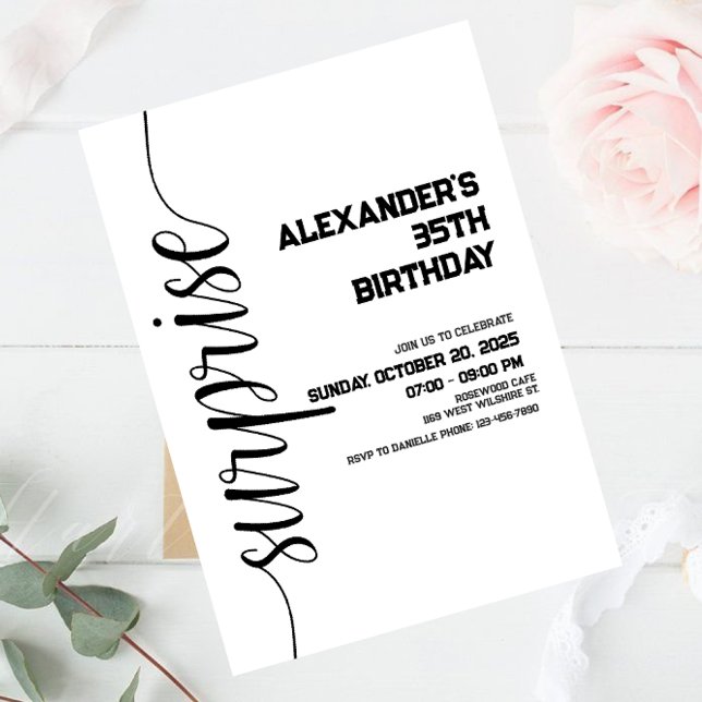 Minimalist black and white surprise birthday invitation (Creator Uploaded)
