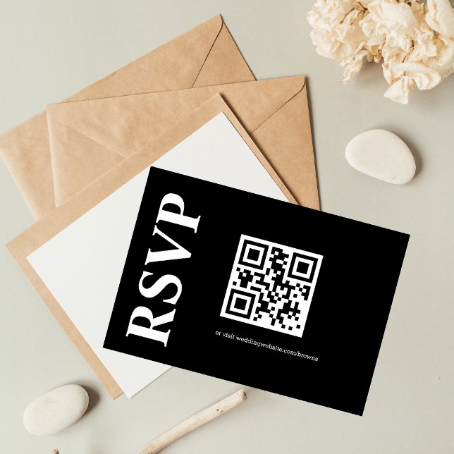 Minimalist Black and White Text Based QR CODE RSVP Card (Creator Uploaded)