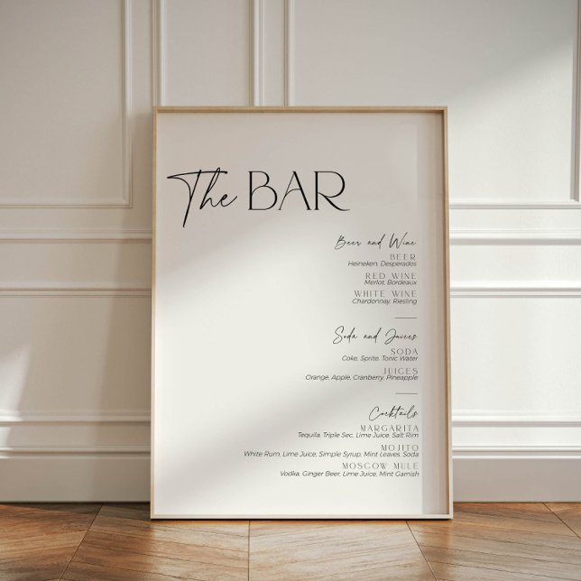 Minimalist Black and White TThe Bar Cocktail Drink Pedestal Sign (Bar menu sign in a minimalist black and white elegant design)