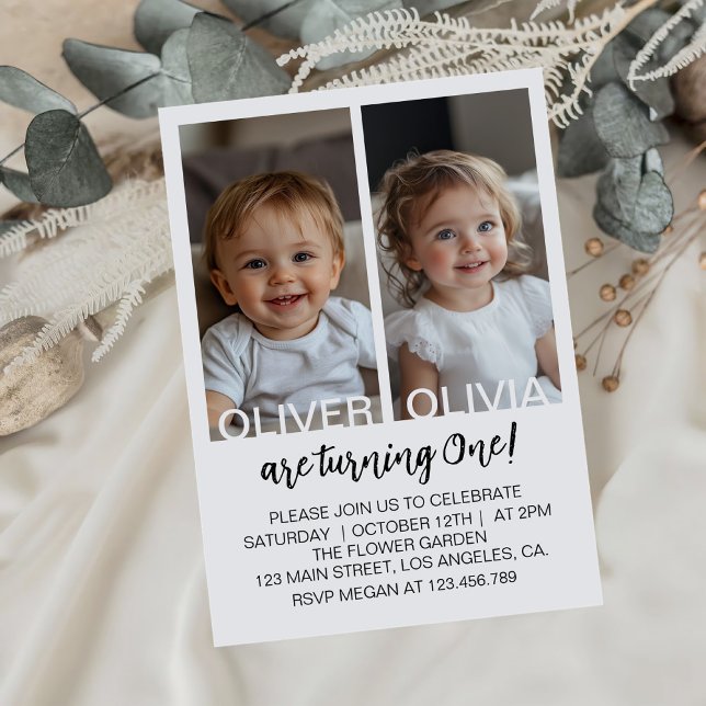 Minimalist Black and White Twins Birthday Photo Invitation (Creator Uploaded)