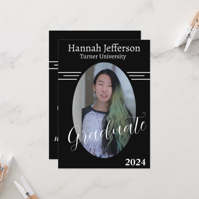 Minimalist Black and White Two Photo Graduation Invitation (Front/Back In Situ)