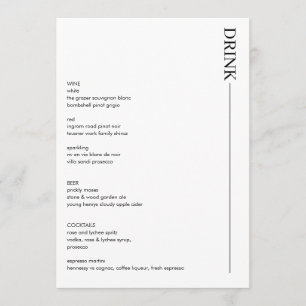 Minimalist Black and White Wedding Drinks 5x7 Menu