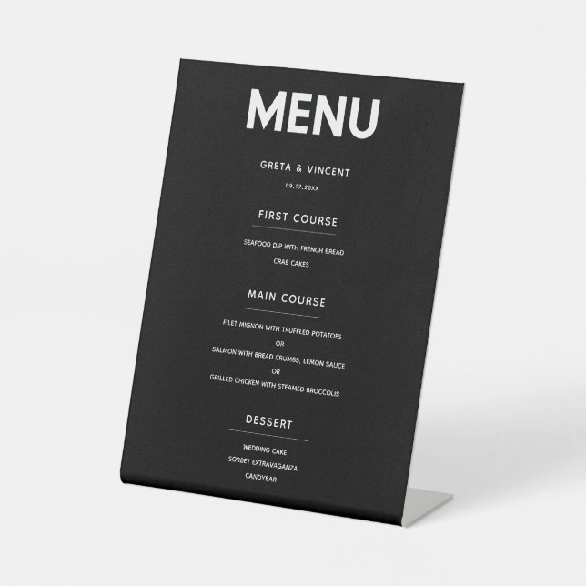 Minimalist Black and white wedding menu Pedestal Sign (Front)