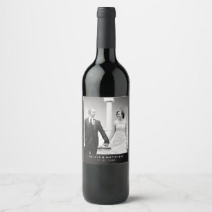 Minimalist Black and White Wedding Photo Wine Label