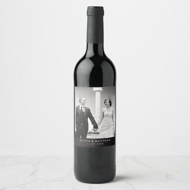 Minimalist Black and White Wedding Photo Wine Label (Front)