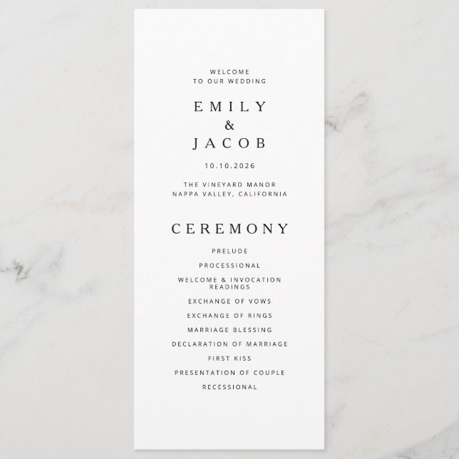 Minimalist Black And White Wedding Program (Front)