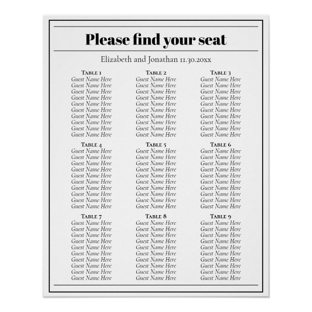Minimalist Black and White Wedding Seating Chart (Front)