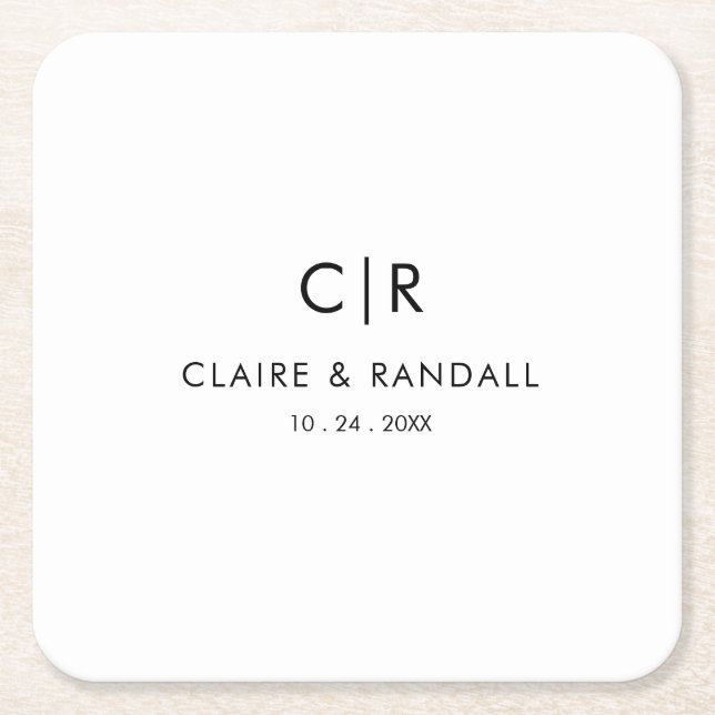 Minimalist Black and White Wedding Square Paper Coaster (Front)