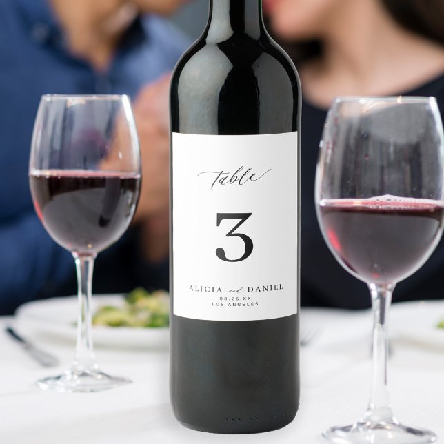 Minimalist black and white wedding table number wine label (Creator Uploaded)