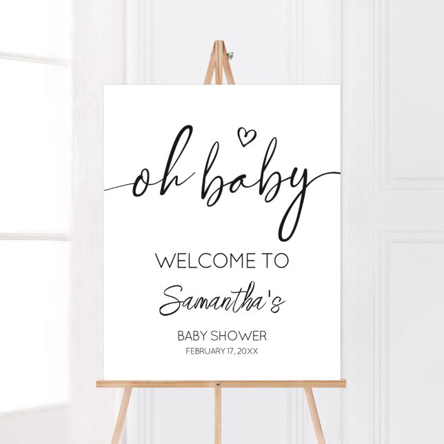 Minimalist Black and White Welcome Poster (White Minimalist Heart Baby Shower Welcome Sign)