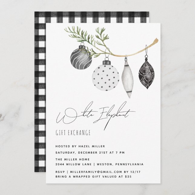 Minimalist Black and White White Elephant Invitation (Front/Back)