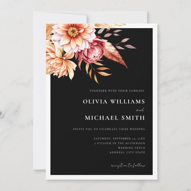 Minimalist Black Boho Floral Wedding Invitation (Front)