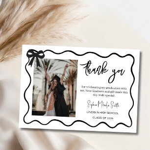 Minimalist Black Bow Graduation Photo Thank You Card