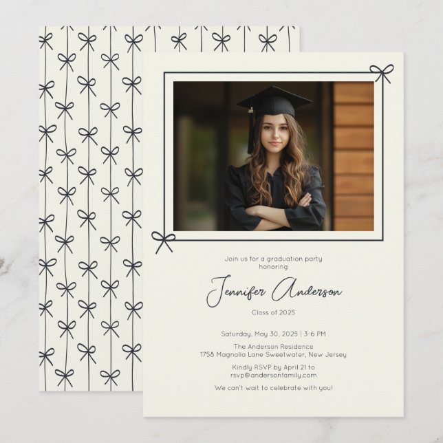 Minimalist Black Bow Photo Graduation Party Invitation (Front/Back)