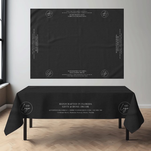 Minimalist Black Business Logo Branded Craft Table Tablecloth (Minimalist black business logo tablecloth with your custom text *mockup background is Ai generated*)