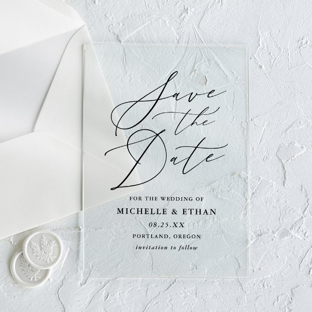 Minimalist Black Calligraphy Wedding Save the Date Acrylic Invitations (Creator Uploaded)