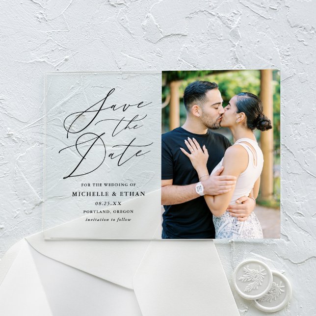 Minimalist Black Calligraphy Wedding Save the Date Acrylic Invitations (Creator Uploaded)