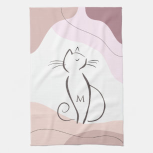 Minimalist Black Cat Boho Organic Shapes Monogram Tea Towel