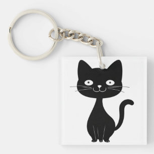 Minimalist Black Cat Cartoon Funny Cat Illustratio Key Ring
