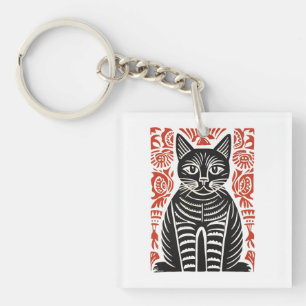 Minimalist Black Cat Folk Art Design  Key Ring