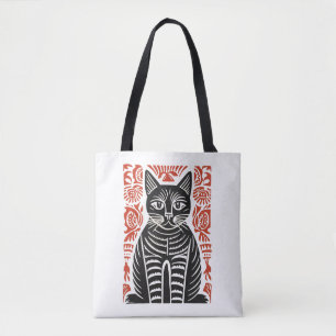 Minimalist Black Cat Folk Art Design Tote Bag
