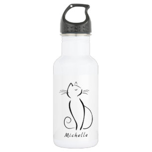 Minimalist black cat on white add name 532 ml water bottle