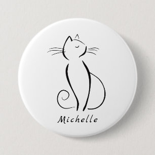 Minimalist black cat on white add name 7.5 cm round badge