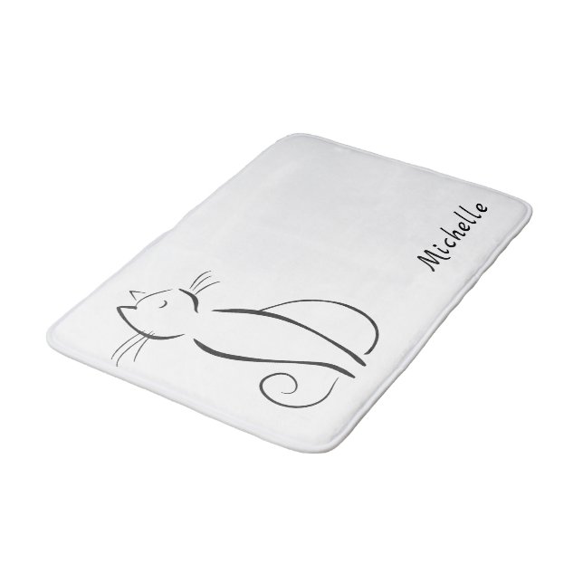 Minimalist black cat on white add name bath mat (Angled)