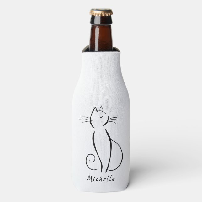 Minimalist black cat on white add name bottle cooler (Bottle Front)