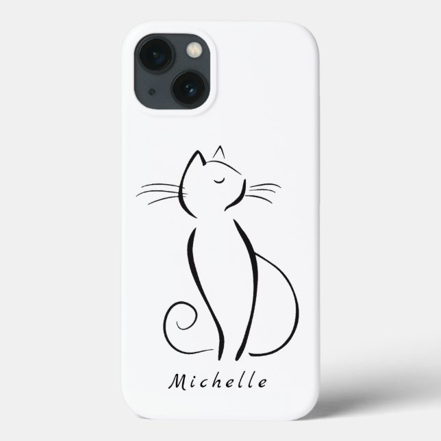 Minimalist Black Cat On White Add Name Case-Mate iPhone Case (Back)