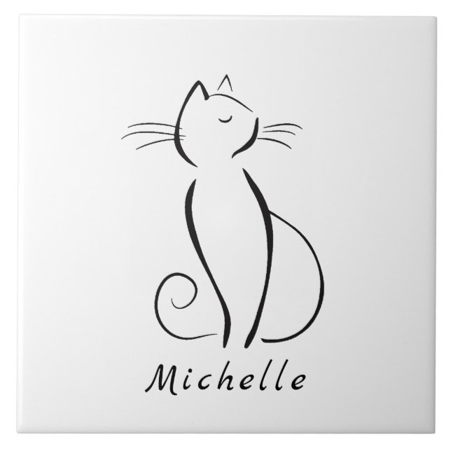 Minimalist black cat on white add name ceramic tile (Front)