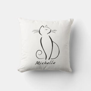 Minimalist black cat on white add name cushion