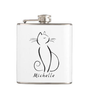 Minimalist Black Cat On White Add Name Hip Flask