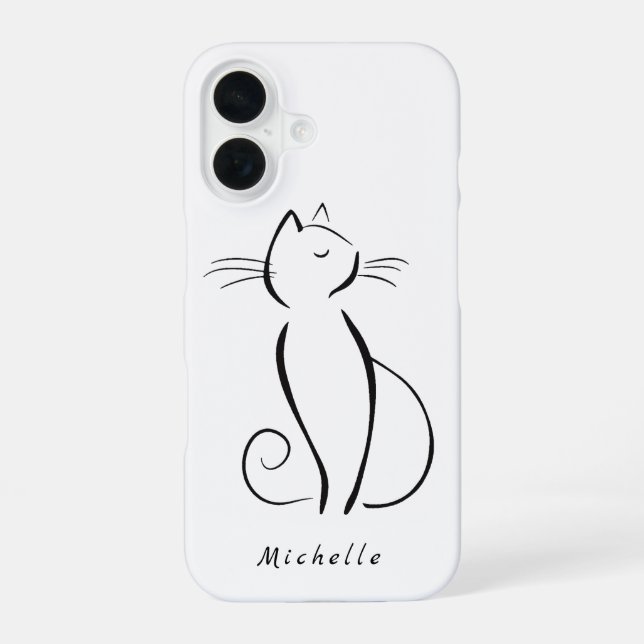 Minimalist Black Cat On White Add Name iPhone 16 Case (Back)